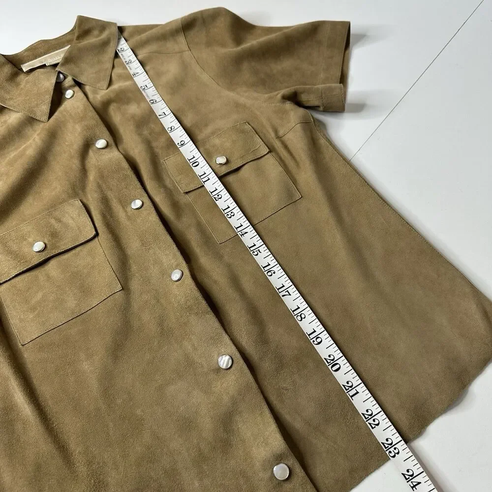 Michael Kors Brown Suede Top Sz S? Pearl‎ Snap Short Sleeve Italy Quiet Luxury